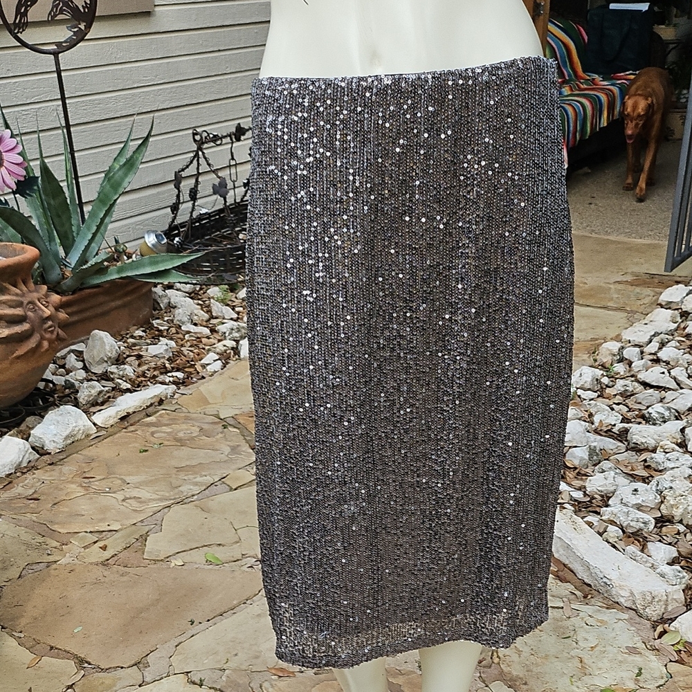 New W Tags Nordstrom Adrianna Papell Elegant Silver Lead Sequin Skirt Size M